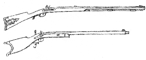 A typical American longrifle (top) is shown in comparison with a typical schuetzen rifle. Illustrations by Andrew Schiffer.