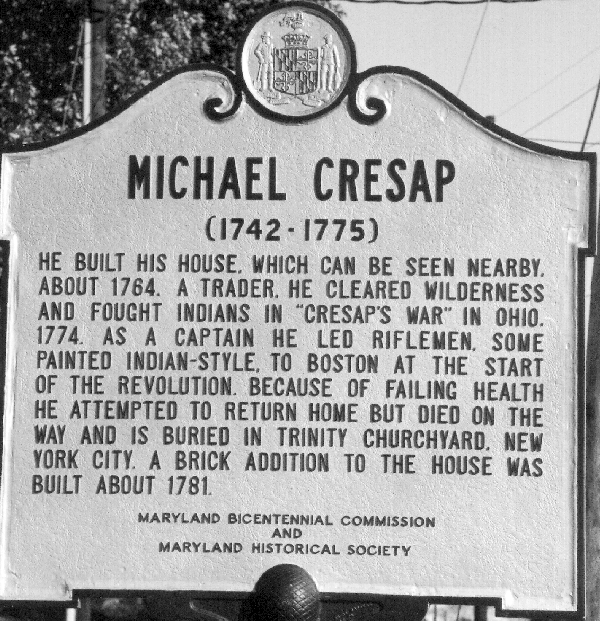 Historical sign that mentions Michael Cresap stands near the house in Oldtown.