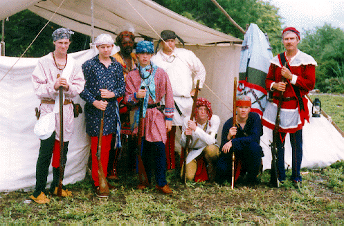 
Explorer Post 1838, chartered by the Moorings Presbyterian Church, Naples, Florida. Boys and adult leaders standing in front of their Second Seminole War period camp at the battle reenactment of the ``Perrine Massacre'' at Indian Key, August 7, 1840