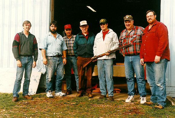 The presenters from left to right: Ron Scott, Dave Rase, Bill Sick, Dave Dolliver, Mike Keller, Don Reimer, and Chip Kormas. Mike is holding the Hawken rifle Hershel House built for the Pioneer Video. This rifle is owned by Dave Rase.