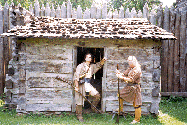The author and John Evans passing the time of day inside Prickett's Fort near Fairmont, West Virginia.
Jesse Hughes was a welcome and familiar face here.<br> Photo courtesy Prickett's Fort State
Park.